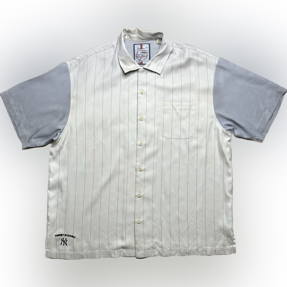 TOMMY BAHAMA NEW YORK YANKEES SILK BUTTON UP SHIRT MENS XL STRIPE 308/1500